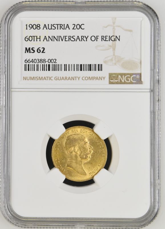 Austria: Habsburg Franz Joseph I 1908 Gold 20 Corona NGC MS 62 - Image 5 of 7