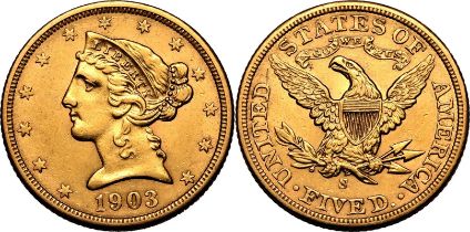 United States: Half Eagle Coronet Head 1903 S Gold 5 Dollars