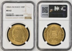 Monaco Charles III 1884 A Gold 100 Francs NGC MS 62