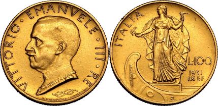 Italy 1931 R Gold 100 Lire (100 ITL) Vittorio Emanuele III