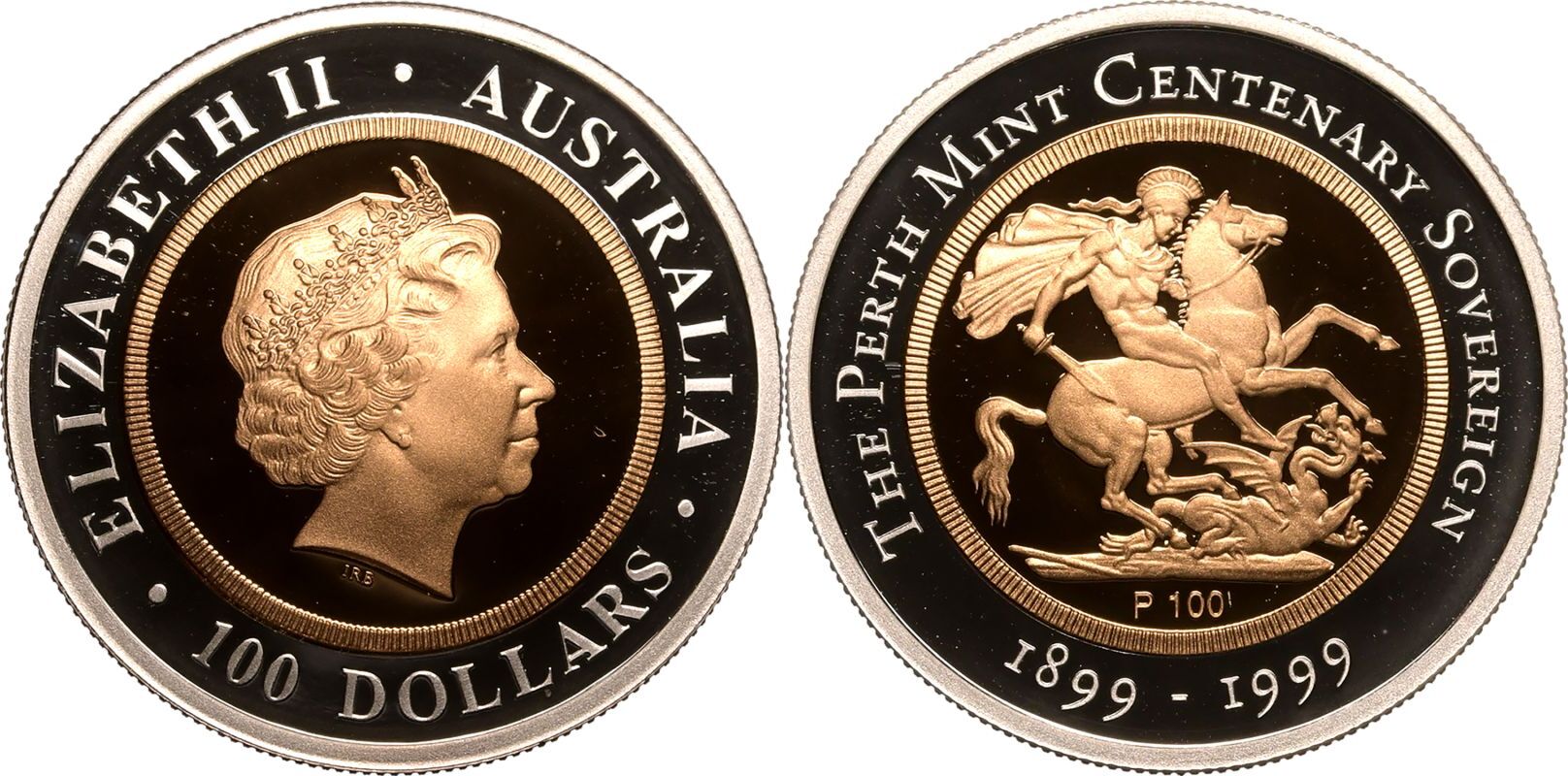 Australia Elizabeth II 1999 Bi-Metallic Gold (.916) center in Silver (.999) ring 100 Dollars 100th A