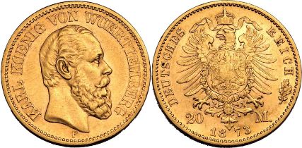 Germany: Württemberg Karl I 1873 F Gold 20 Mark