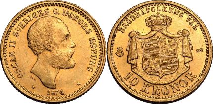 Sweden Oscar II 1874 ST Gold 10 Kronor