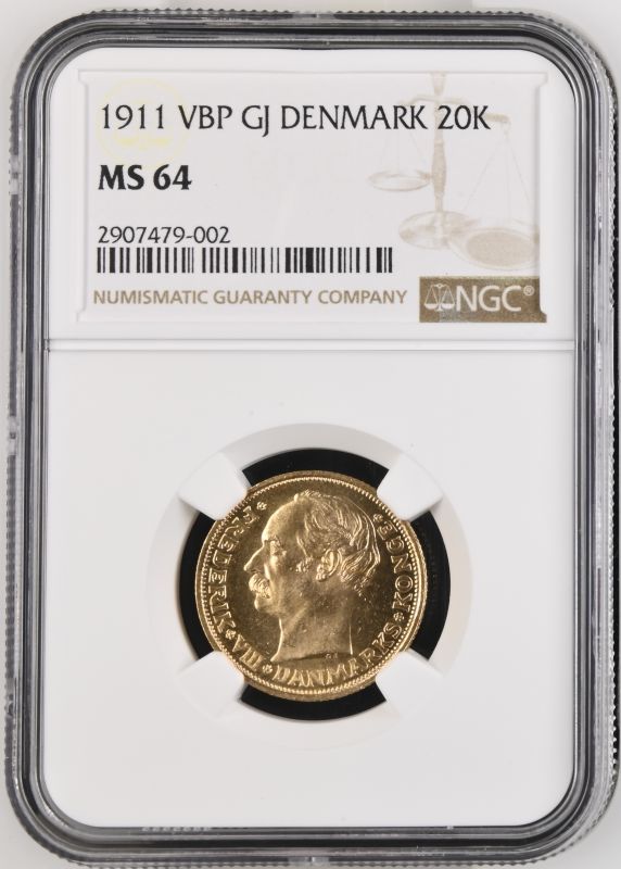 Denmark Frederik VIII 1911 VBP; GJ Gold 20 Kroner NGC MS 64 - Image 5 of 7