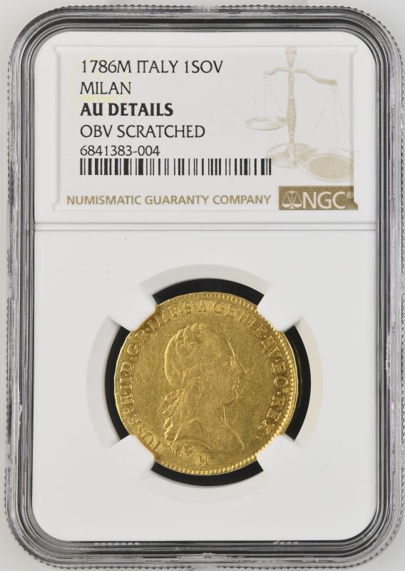 Italy: Milan 1786 M Gold 1 Sovrano (45/6) Joseph II NGC AU Details - Image 2 of 3