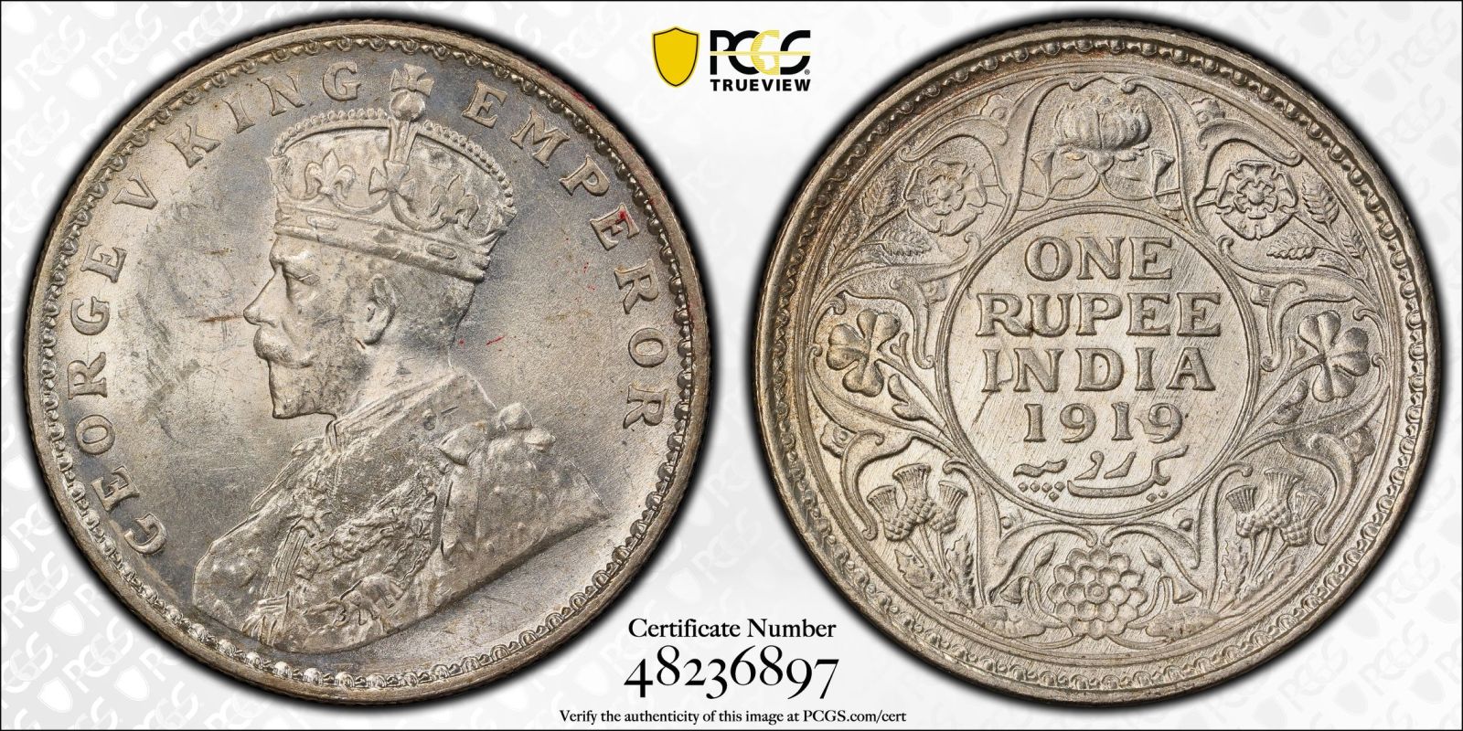 India: British George V 1919 Silver 1 Rupee PCGS MS63 - Bild 4 aus 5