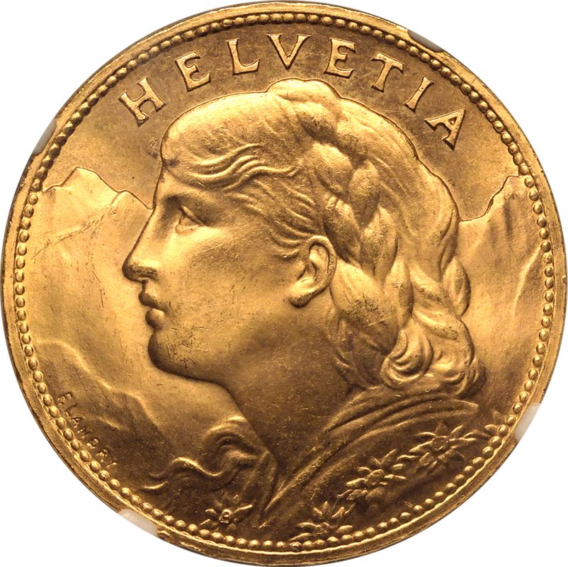 Switzerland Federal State 1925 Gold 100 Francs Vreneli NGC MS 65 - Image 2 of 7