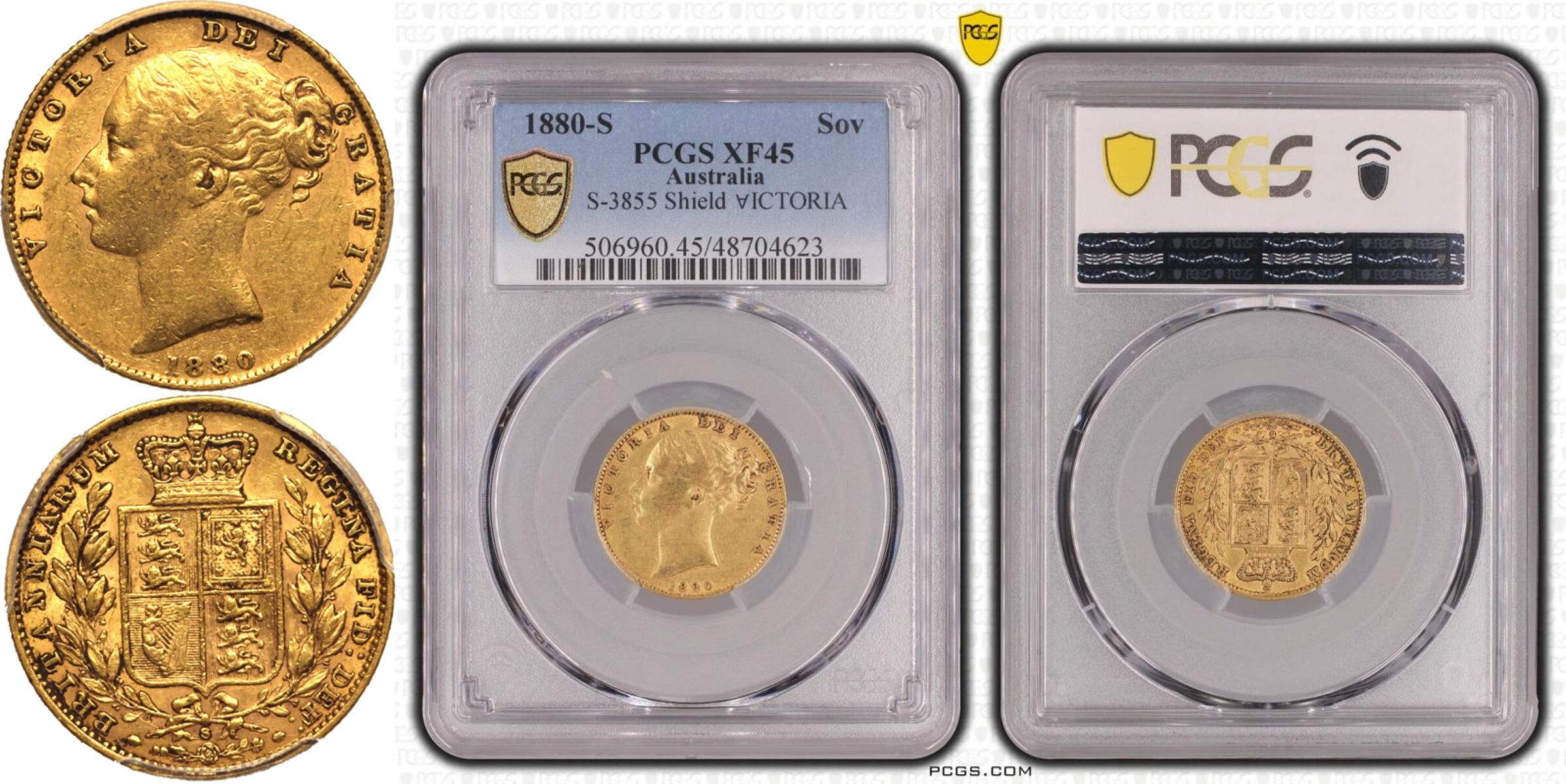 1880 S Gold Sovereign Shield; Inverted A for V PCGS XF45 - Image 5 of 5