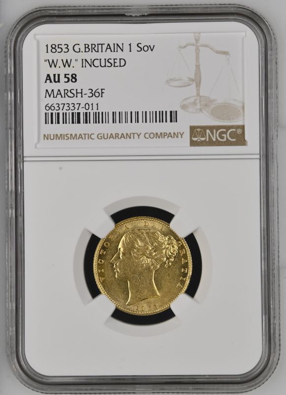 1853 Gold Sovereign WW incuse NGC AU 58 - Image 5 of 7