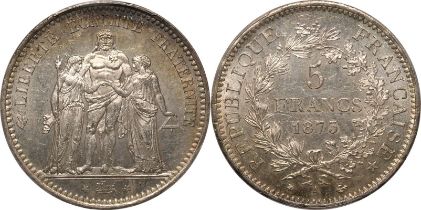 France 1873 A Silver 5 Francs PCGS MS62