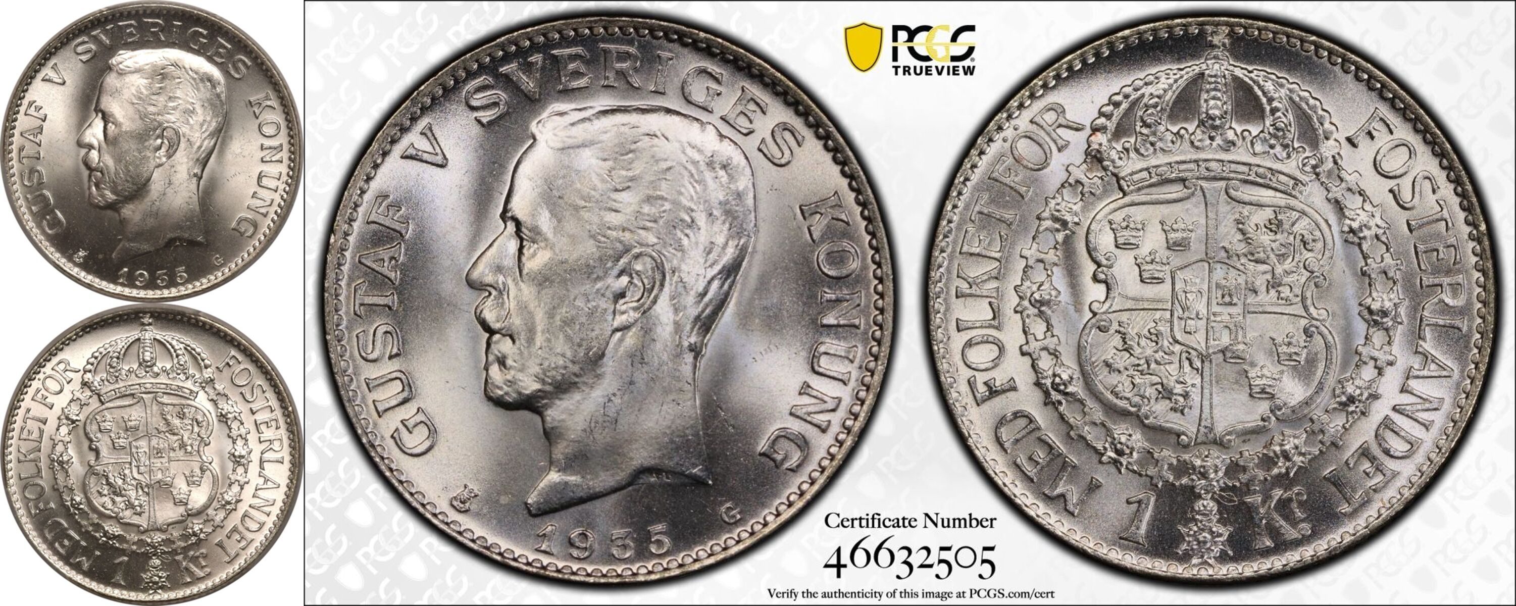 Sweden Gustaf V 1935 G Silver 1 Krona PCGS MS66 - Bild 5 aus 5