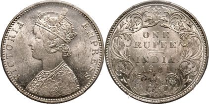 India: British Victoria 1901 B incuse Silver 1 Rupee PCGS MS61