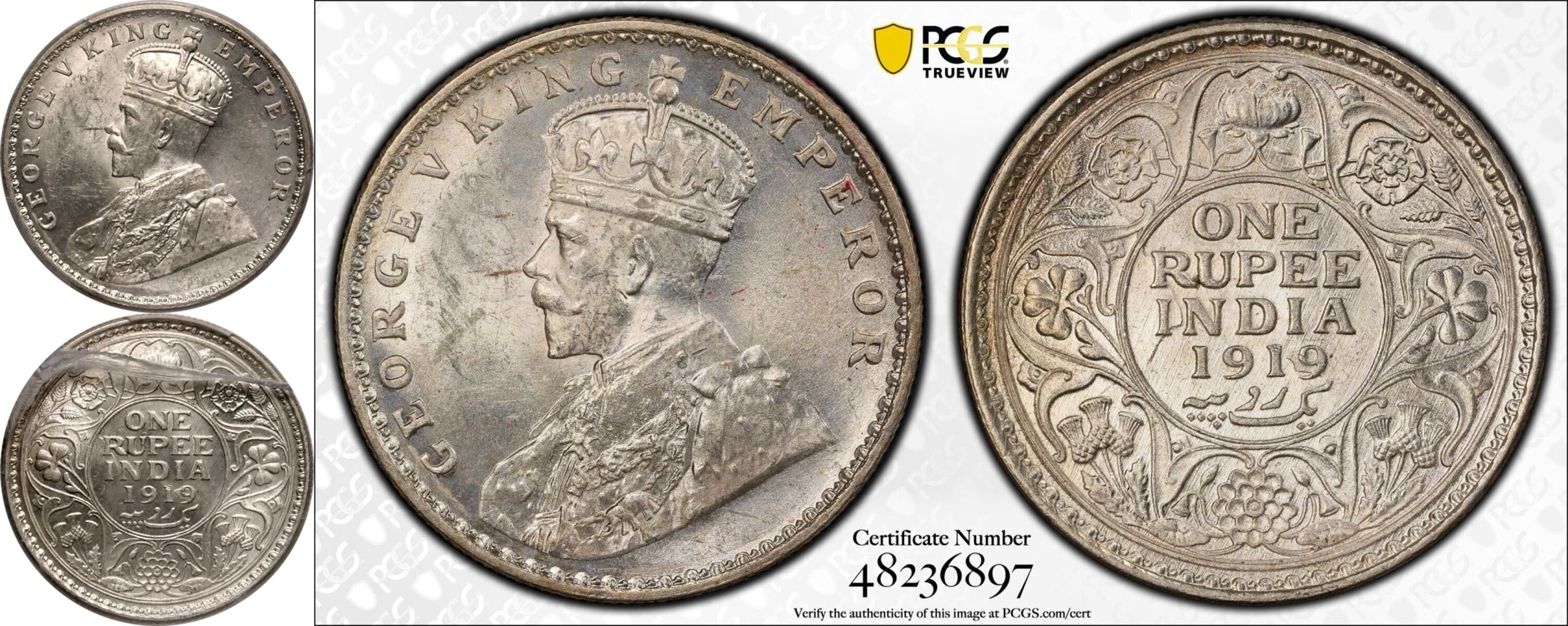 India: British George V 1919 Silver 1 Rupee PCGS MS63 - Bild 5 aus 5