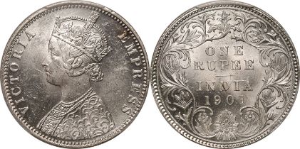 India: British Victoria 1901 B incuse Silver 1 Rupee PCGS MS62