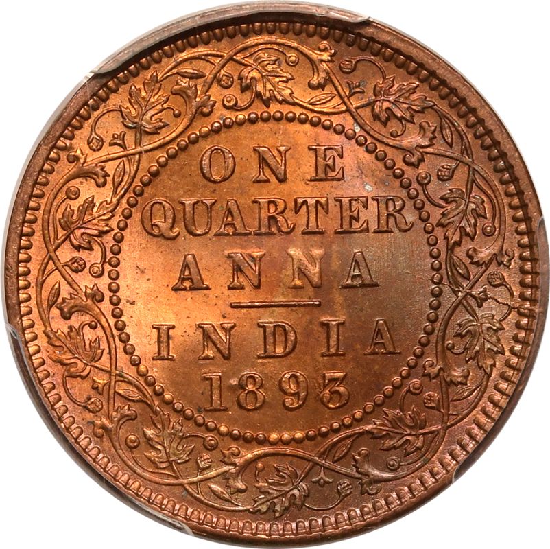 India: British India Victoria 1893 Copper 1/4 Anna Equal-finest PCGS MS65 RB - Bild 3 aus 5