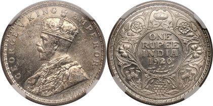 India: British George V 1920 Silver 1 Rupee NGC MS 63