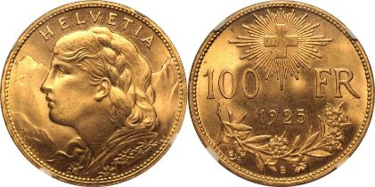 Switzerland Federal State 1925 Gold 100 Francs Vreneli NGC MS 65