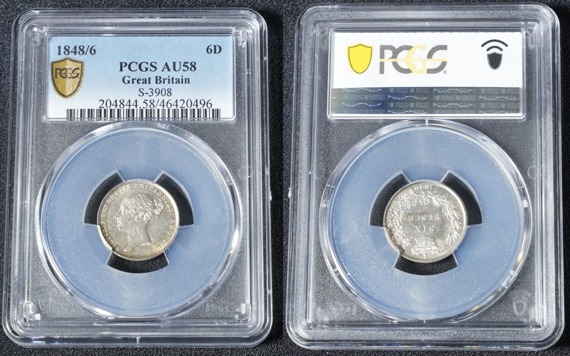 1848 Silver Sixpence Overdate 1848/6 PCGS AU58 - Image 4 of 7