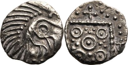 Anglo-Saxon: 695-740 Silver Sceatta Very Fine; rev. struck off-centre