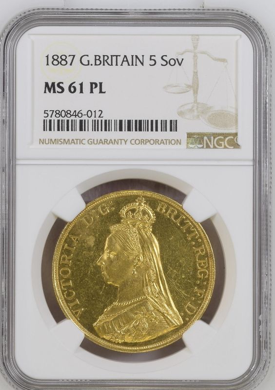 1887 Gold 5 Pounds (5 Sovereigns) NGC MS 61 PL - Image 5 of 7