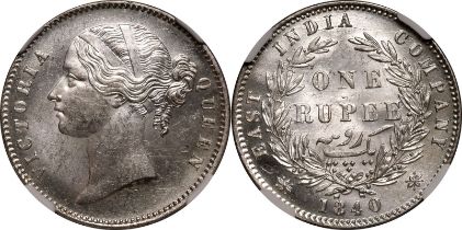 India: British Victoria 1840 B Silver 1 Rupee NGC MS 62