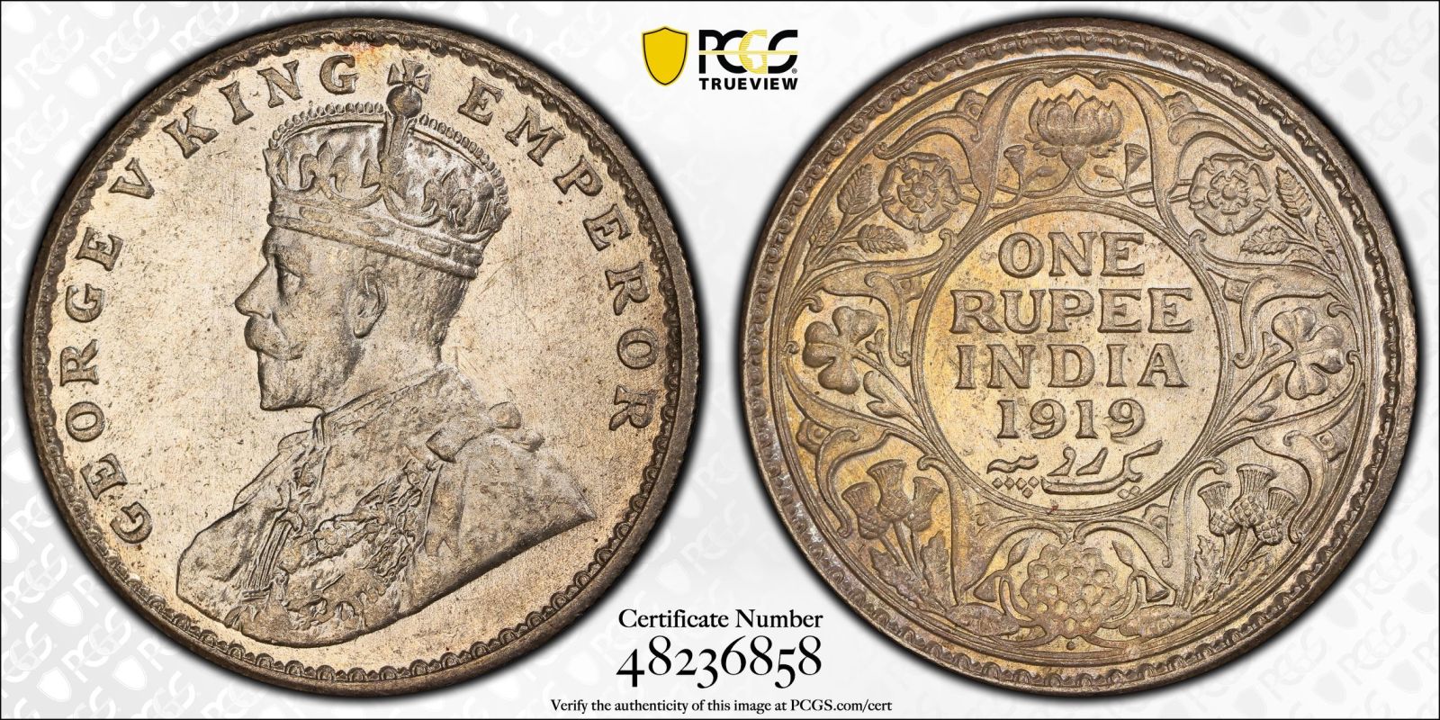 India: British George V 1919 • Silver 1 Rupee PCGS MS63 - Bild 4 aus 5