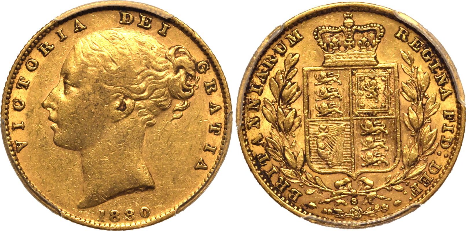 1880 S Gold Sovereign Shield; Inverted A for V PCGS XF45