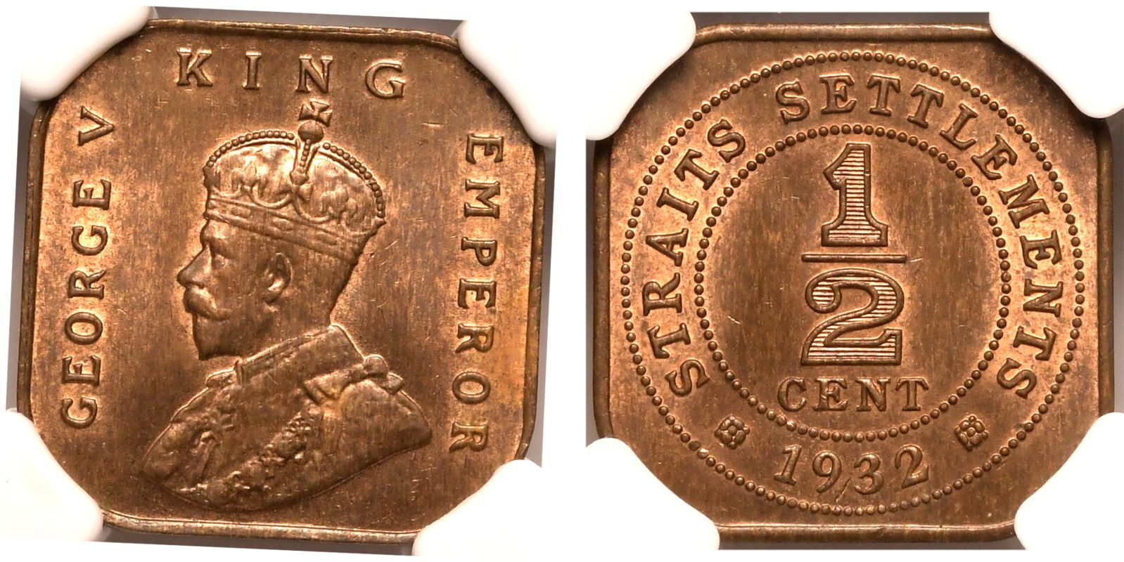 Straits Settlements George V 1932 Bronze 1/2 Cent NGC MS 65 BN