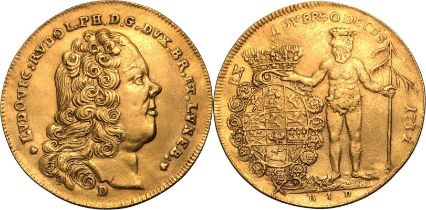 Holy Roman Empire: Brunswick-Lüneburg Ludwig Rudolph 1732 Gold 2 Ducats Good Very Fine; smoothed and