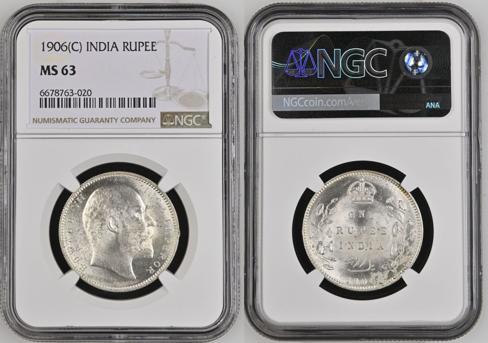 India: British Edward VII 1906 Silver 1 Rupee NGC MS 63 - Bild 4 aus 7