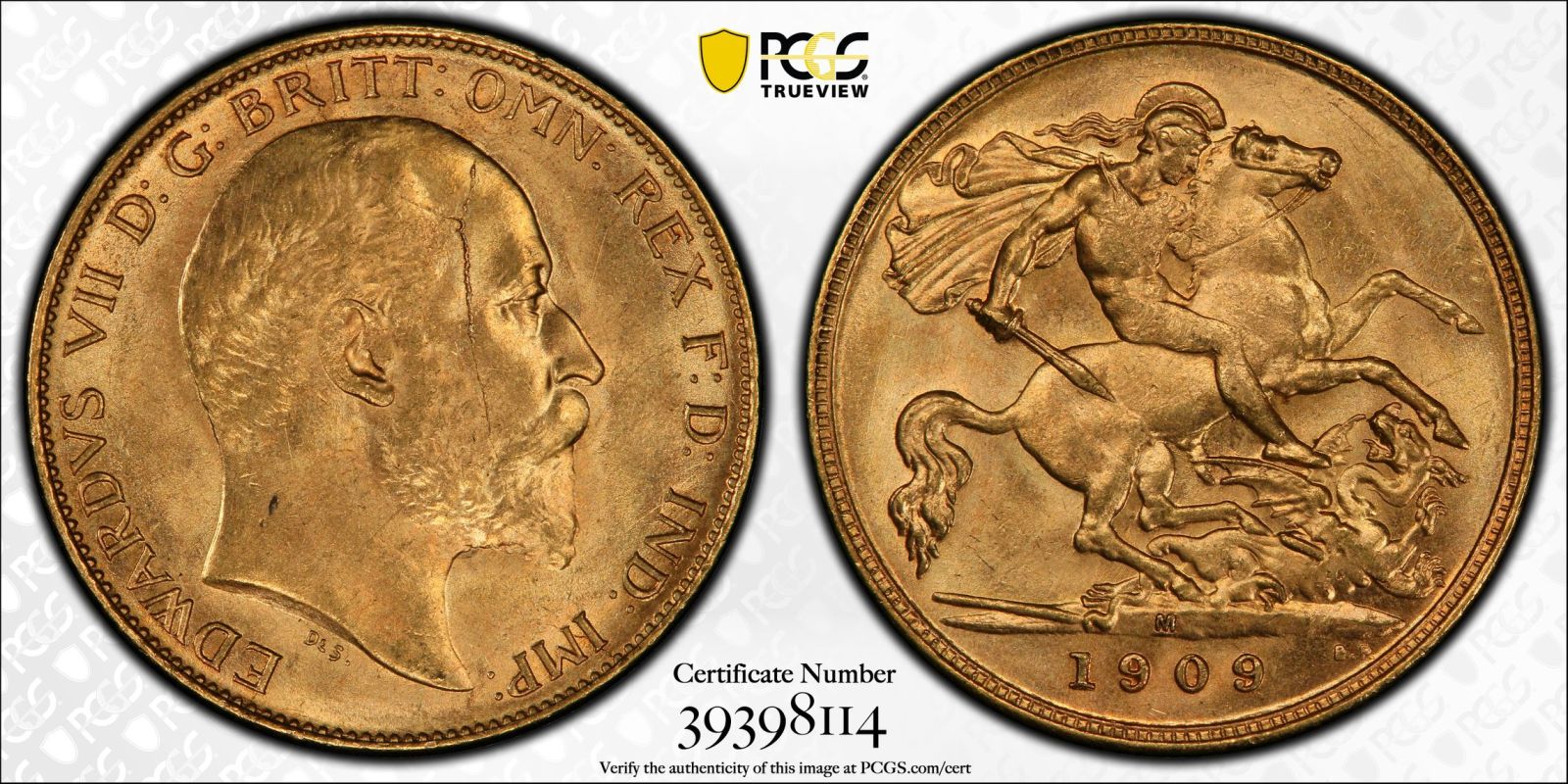 1909 M Gold Half-Sovereign PCGS MS62 - Image 4 of 5