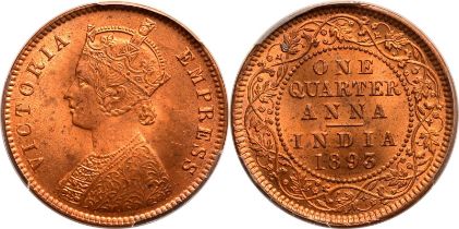 India: British India Victoria 1893 Copper 1/4 Anna PCGS MS64 RD