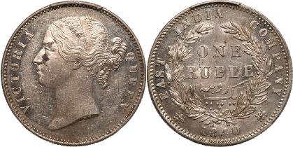 India: British Victoria 1840 B Silver 1 Rupee PCGS AU58