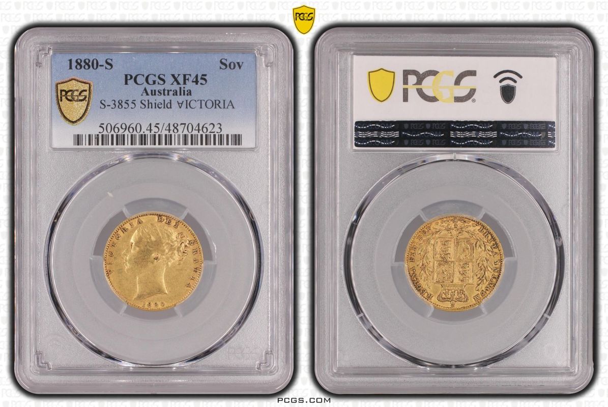 1880 S Gold Sovereign Shield; Inverted A for V PCGS XF45 - Bild 4 aus 5
