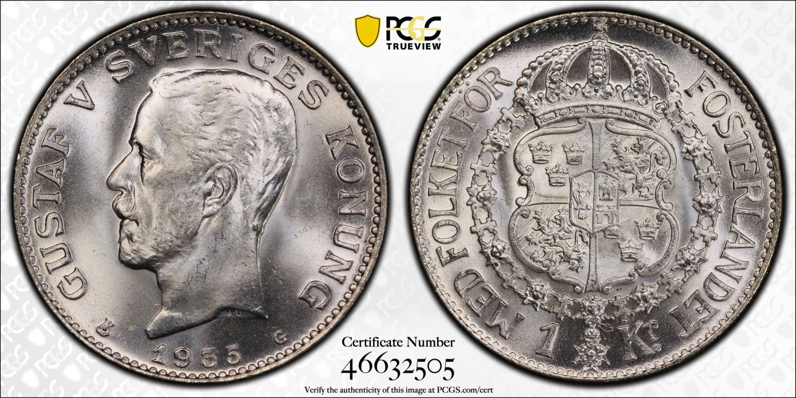 Sweden Gustaf V 1935 G Silver 1 Krona PCGS MS66 - Bild 4 aus 5