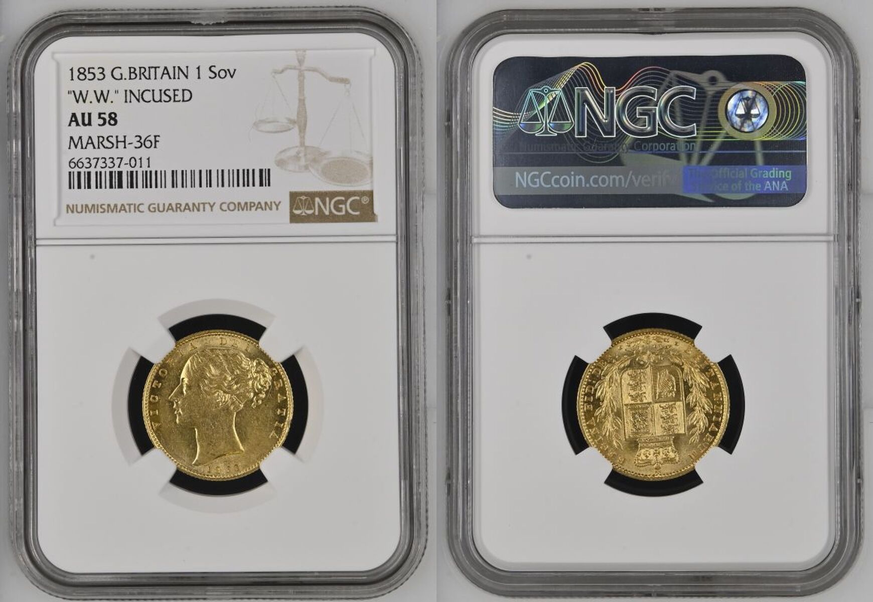 1853 Gold Sovereign WW incuse NGC AU 58 - Image 4 of 7