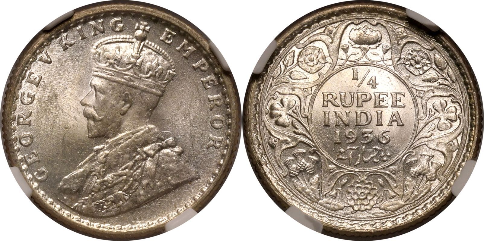 India: British George V 1936 Silver 1/4 Rupee NGC MS 64