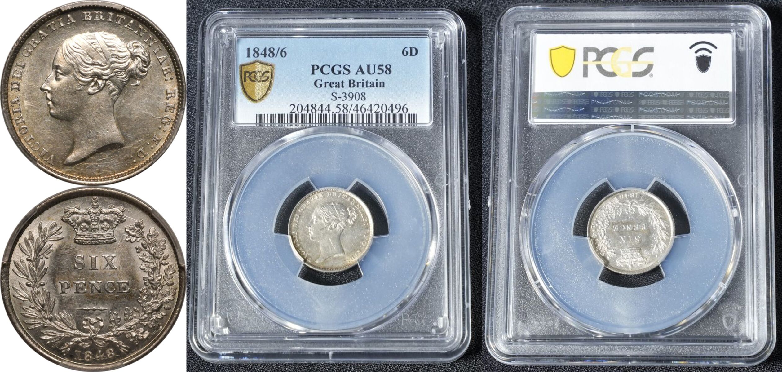 1848 Silver Sixpence Overdate 1848/6 PCGS AU58 - Bild 7 aus 7