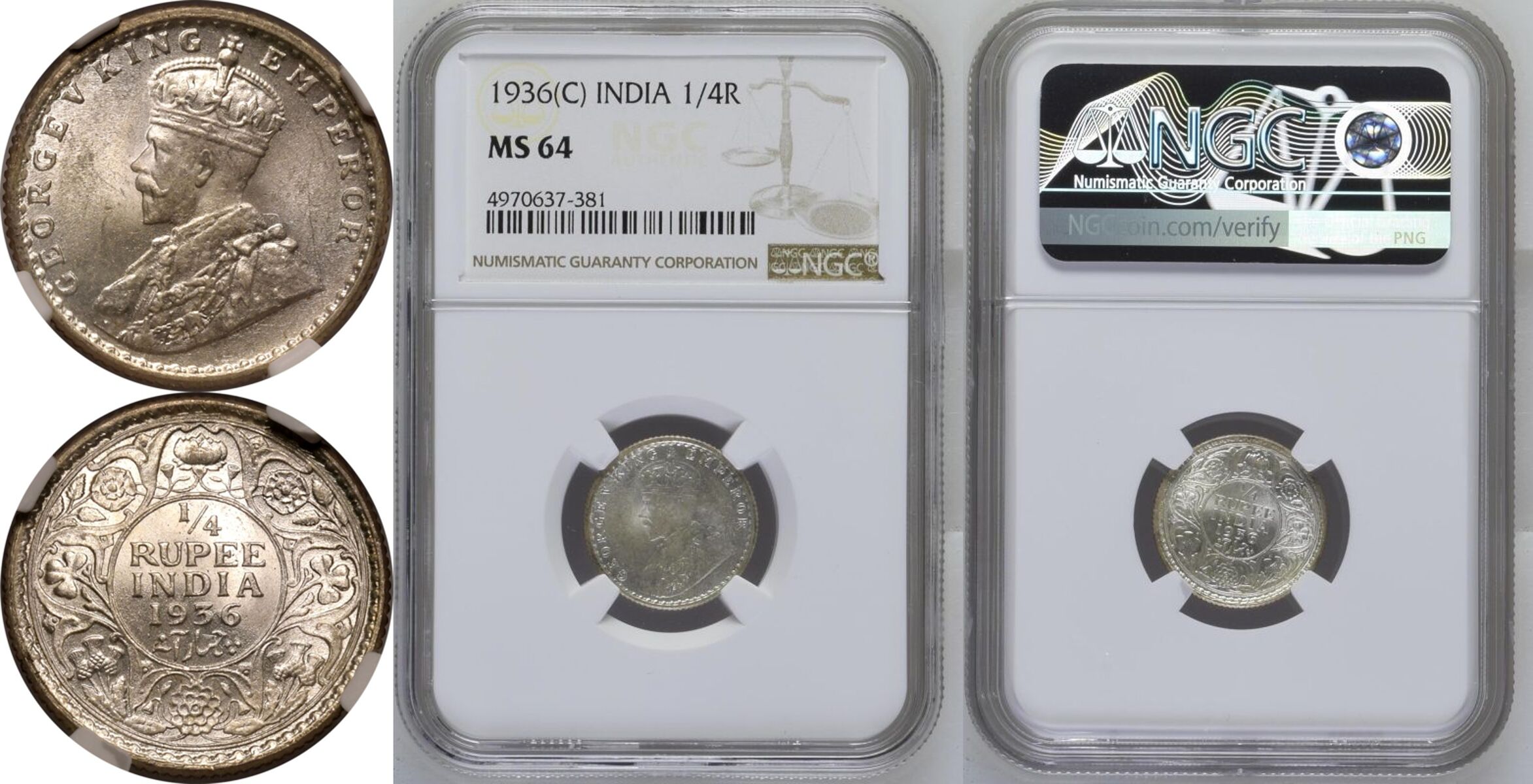 India: British George V 1936 Silver 1/4 Rupee NGC MS 64 - Bild 7 aus 7