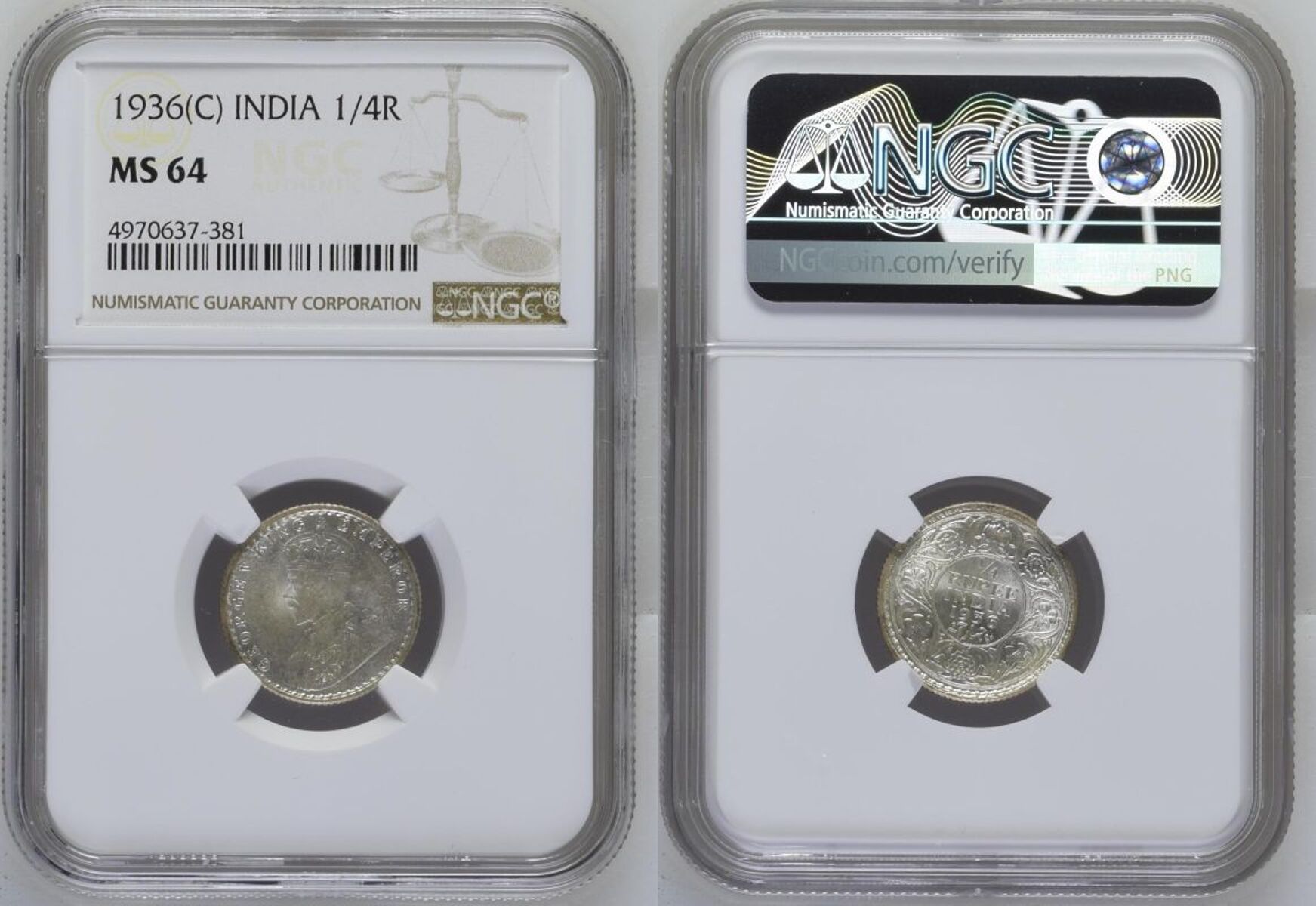 India: British George V 1936 Silver 1/4 Rupee NGC MS 64 - Bild 4 aus 7