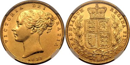 1853 Gold Sovereign WW incuse NGC AU 58