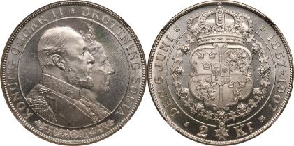 Sweden Oscar II 1907 Silver 2 Kronor NGC MS 65