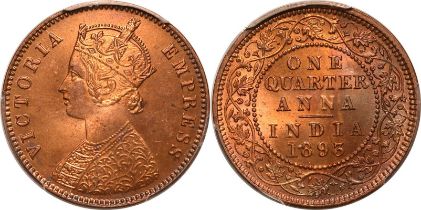 India: British India Victoria 1893 Copper 1/4 Anna Equal-finest PCGS MS65 RB