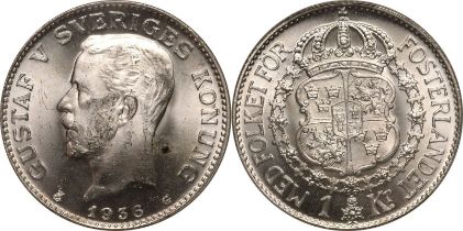 Sweden Gustaf V 1936 G Silver 1 Krona PCGS MS65