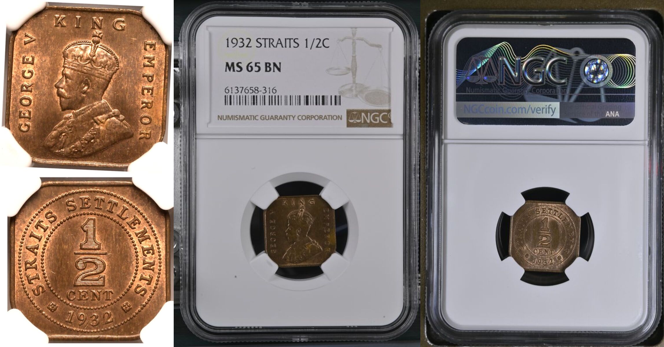 Straits Settlements George V 1932 Bronze 1/2 Cent NGC MS 65 BN - Bild 7 aus 7