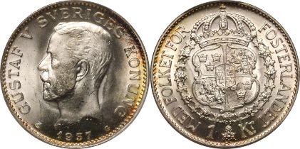 Sweden Gustaf V 1937 G Silver 1 Krona PCGS MS66