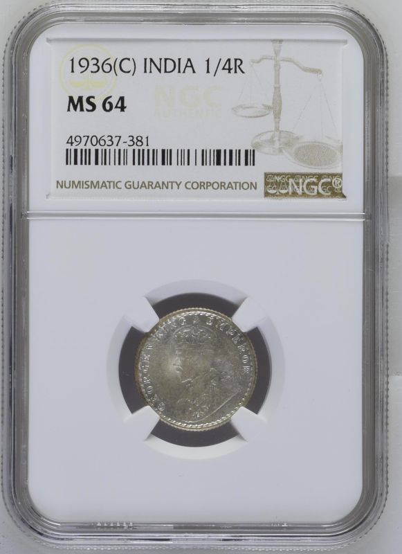 India: British George V 1936 Silver 1/4 Rupee NGC MS 64 - Bild 5 aus 7