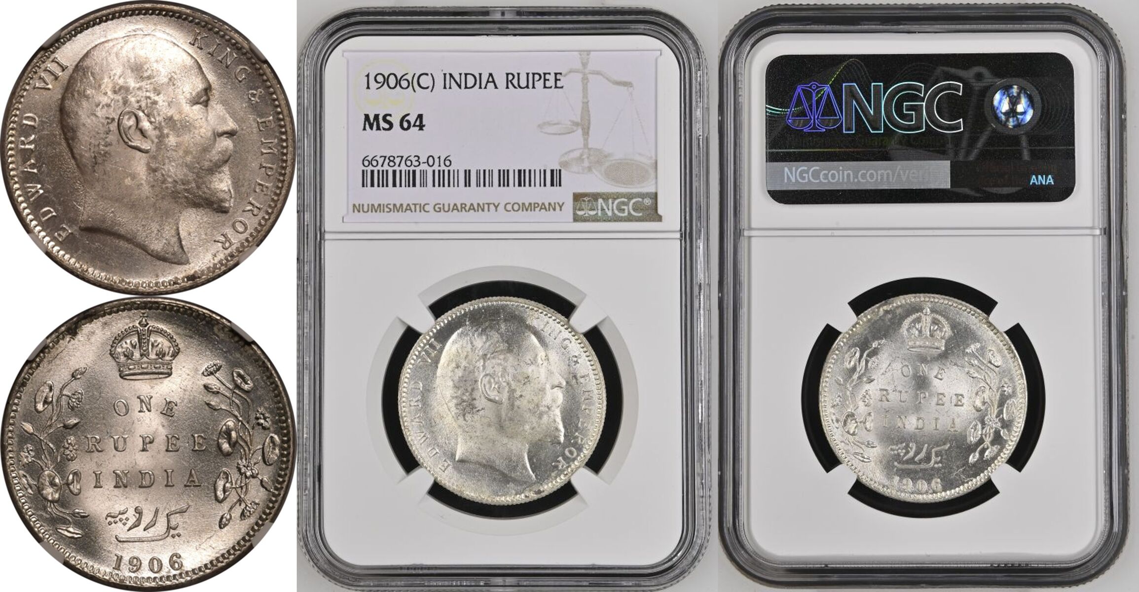 India: British Edward VII 1906 Silver 1 Rupee NGC MS 64 - Bild 7 aus 7