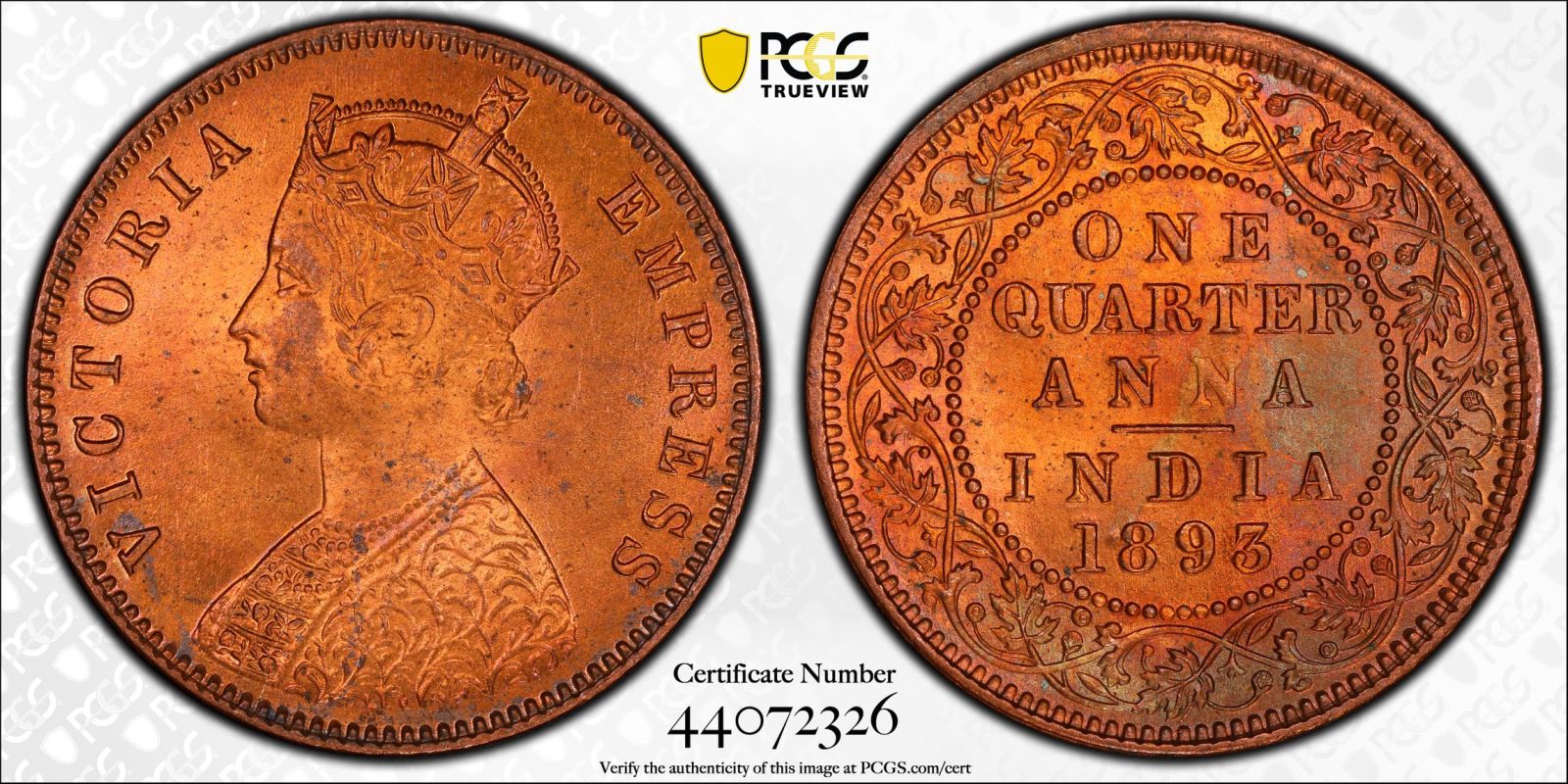 India: British India Victoria 1893 Copper 1/4 Anna Equal-finest PCGS MS65 RB - Bild 4 aus 5