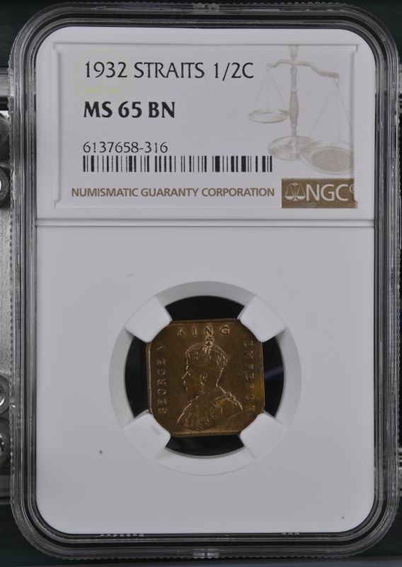 Straits Settlements George V 1932 Bronze 1/2 Cent NGC MS 65 BN - Bild 5 aus 7